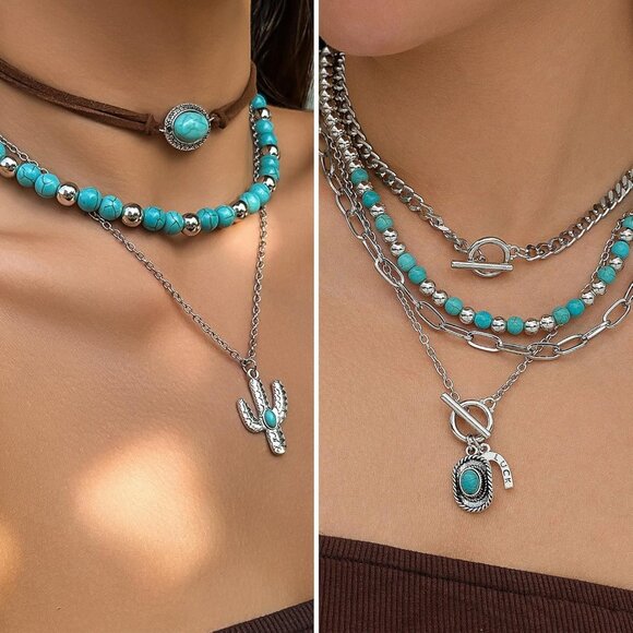 Bohemian Jewelry Set With Turquoise Necklace, Dangle Earrings, Stackable Bangle - Picture 2 of 8